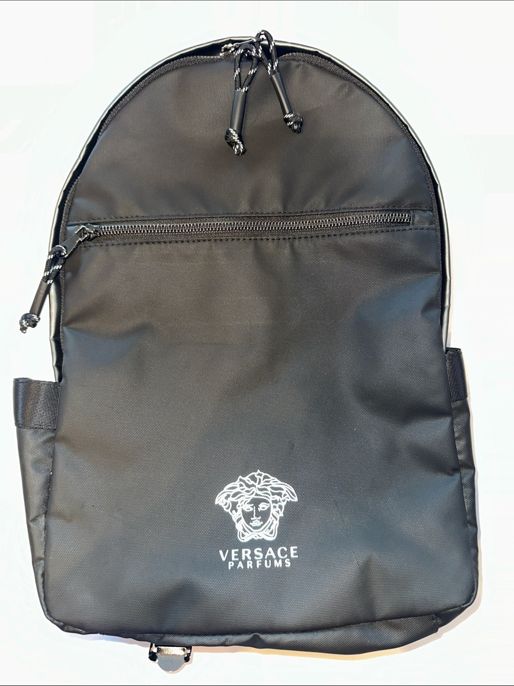 Versace Parfums Black Men's Backpack - Logo Front Pocket Silver Greek Key straps